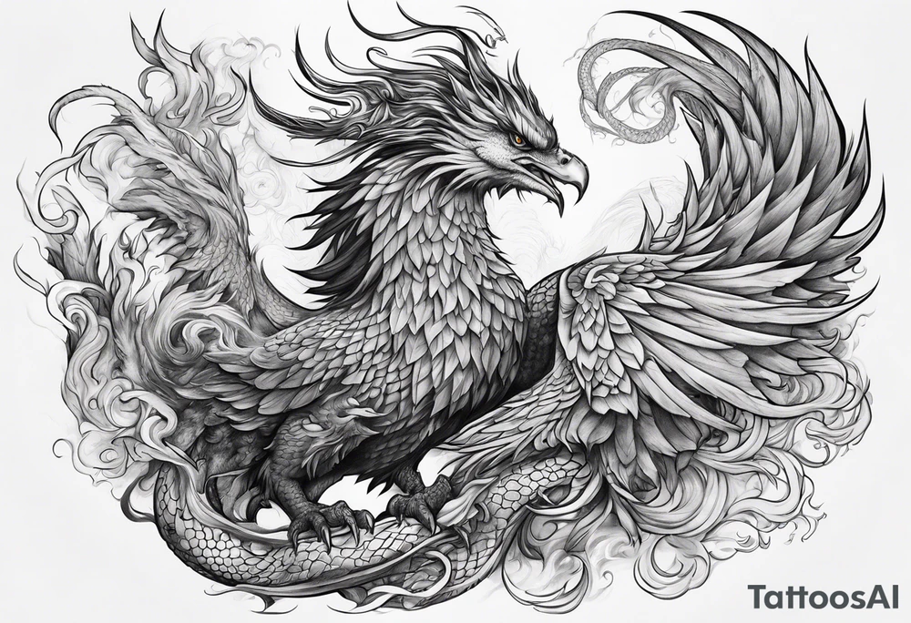 Phoenix bird and dragon tattoo idea