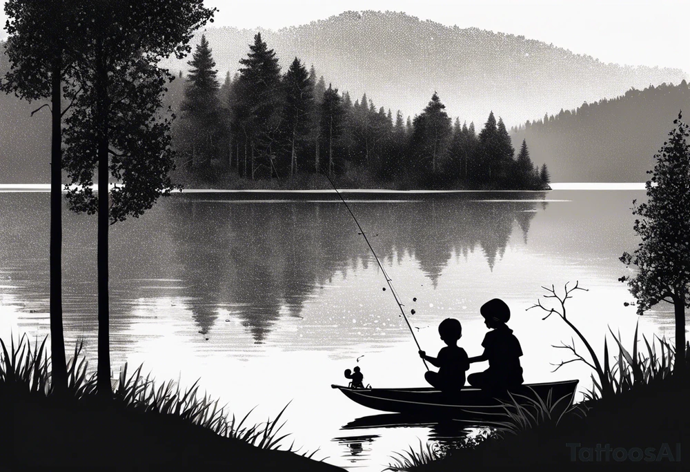 forearm tattoo set on a lake. There is a little boy sitting next to a little girl. The little boy is fishing and the little girl is reading. There are trees surrounding the lake. tattoo idea