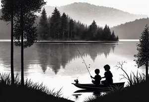 forearm tattoo set on a lake. There is a little boy sitting next to a little girl. The little boy is fishing and the little girl is reading. There are trees surrounding the lake. tattoo idea
