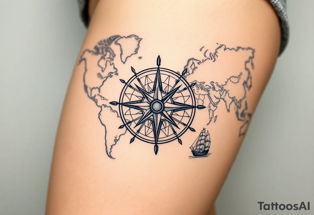 antique compass rose overlaid on weathered world map with sailing ships tattoo idea