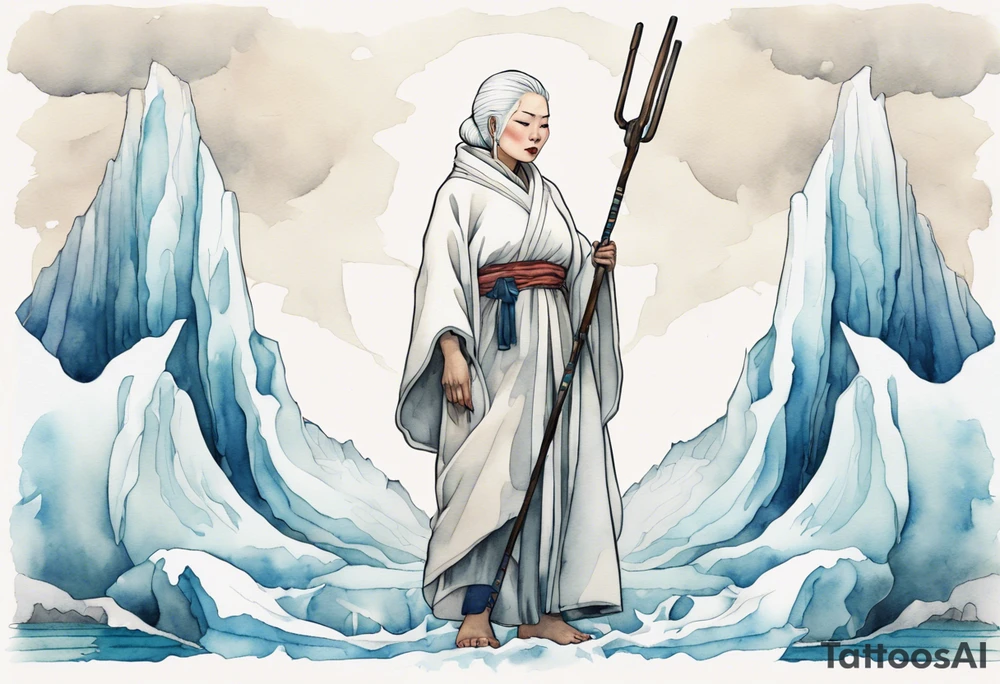 a 40 year old Inuit woman with white hair and a white robe holding a plain white staff, standing on an iceberg tattoo idea