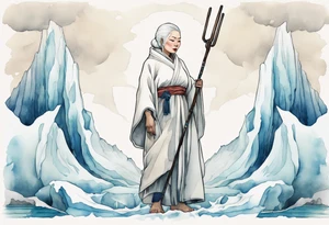 a 40 year old Inuit woman with white hair and a white robe holding a plain white staff, standing on an iceberg tattoo idea