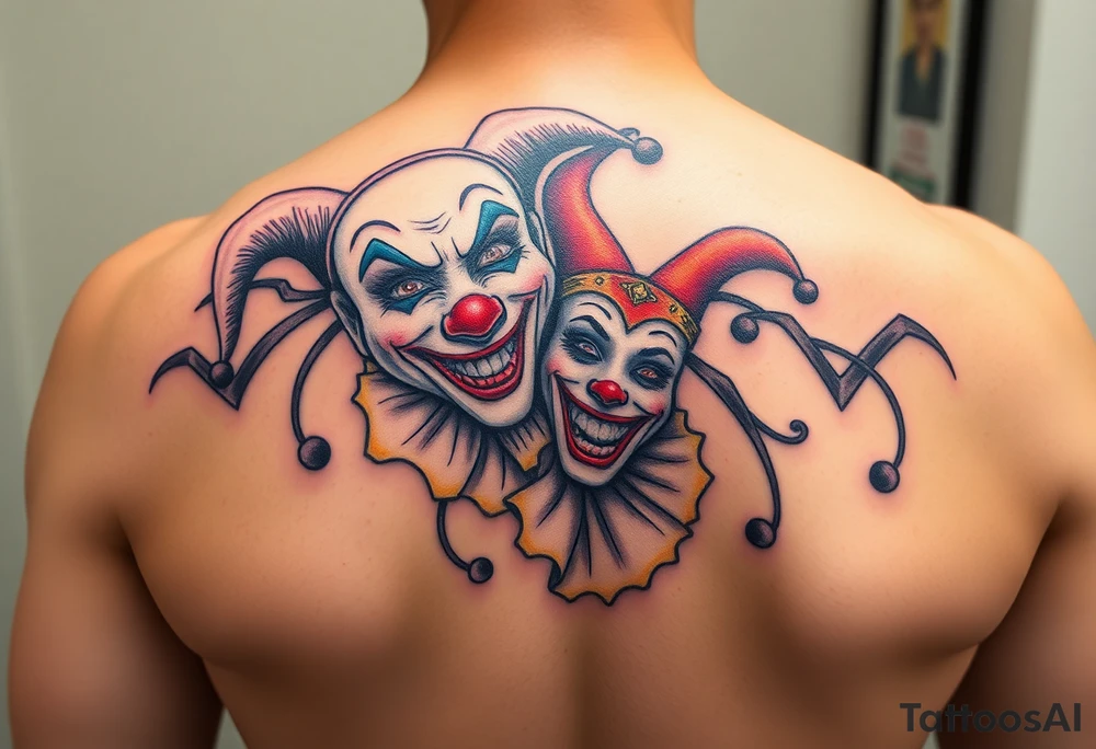 jester clown behind female jester making her smile tattoo idea