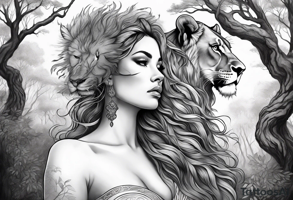 Forest goddess looking down side profile  tree branches forming her face with smoke a full male lions head facing her as to protect her middle arm sleeve tattoo idea