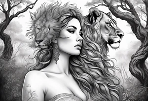 Forest goddess looking down side profile  tree branches forming her face with smoke a full male lions head facing her as to protect her middle arm sleeve tattoo idea