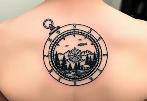 Open compass, bottom half with mountains, trees, stream, and tent. The S of the compass should be a fishing lure tattoo idea