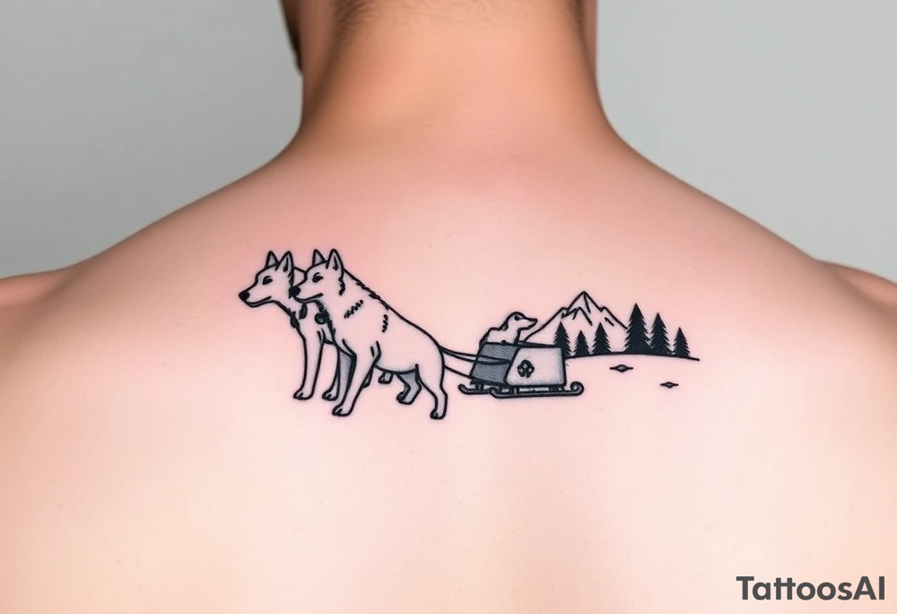 4 Sled dogs from a side view 
with sled and northern lights and mountains tattoo idea