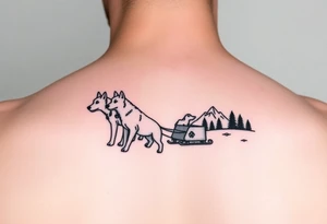 4 Sled dogs from a side view 
with sled and northern lights and mountains tattoo idea
