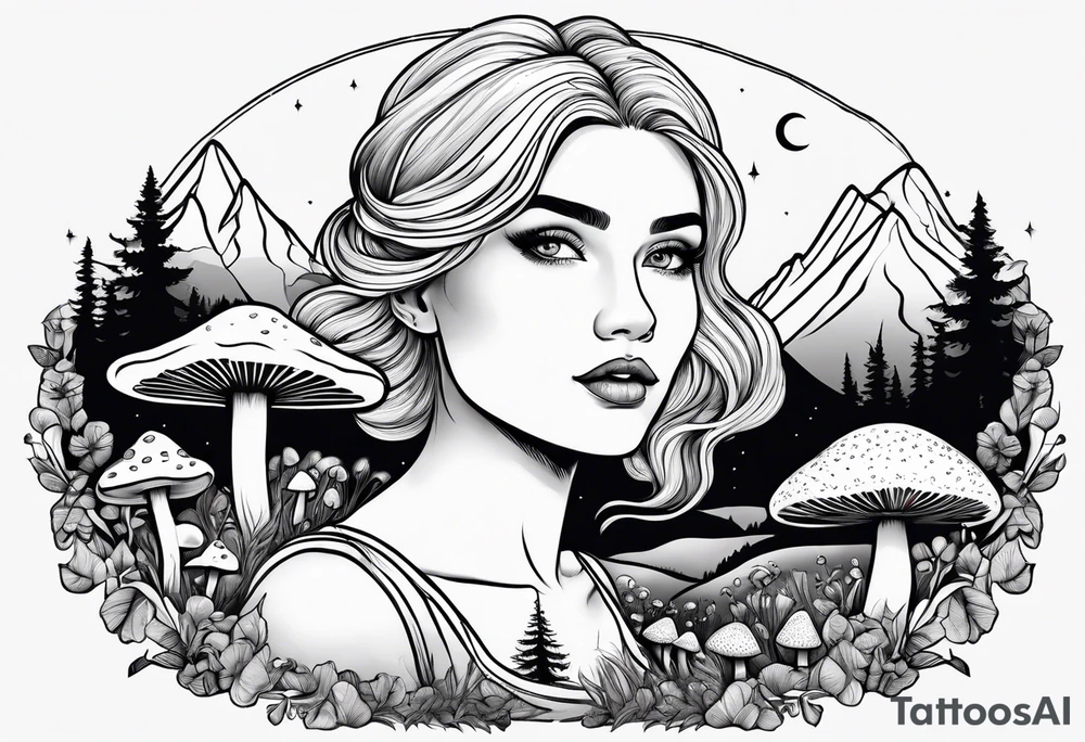 Chubby older blonde girl surrounded by mushrooms crescent moon mountains background tattoo idea