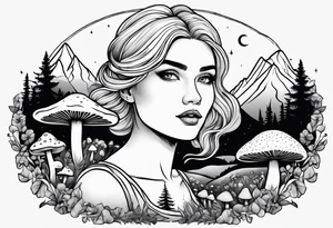 Chubby older blonde girl surrounded by mushrooms crescent moon mountains background tattoo idea