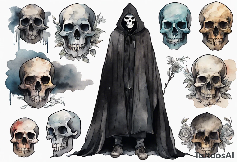 a thin medieval man in a black cloak wearing a skull mask, standing alone in a gloomy place tattoo idea
