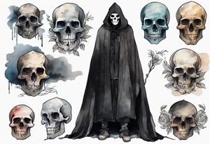 a thin medieval man in a black cloak wearing a skull mask, standing alone in a gloomy place tattoo idea
