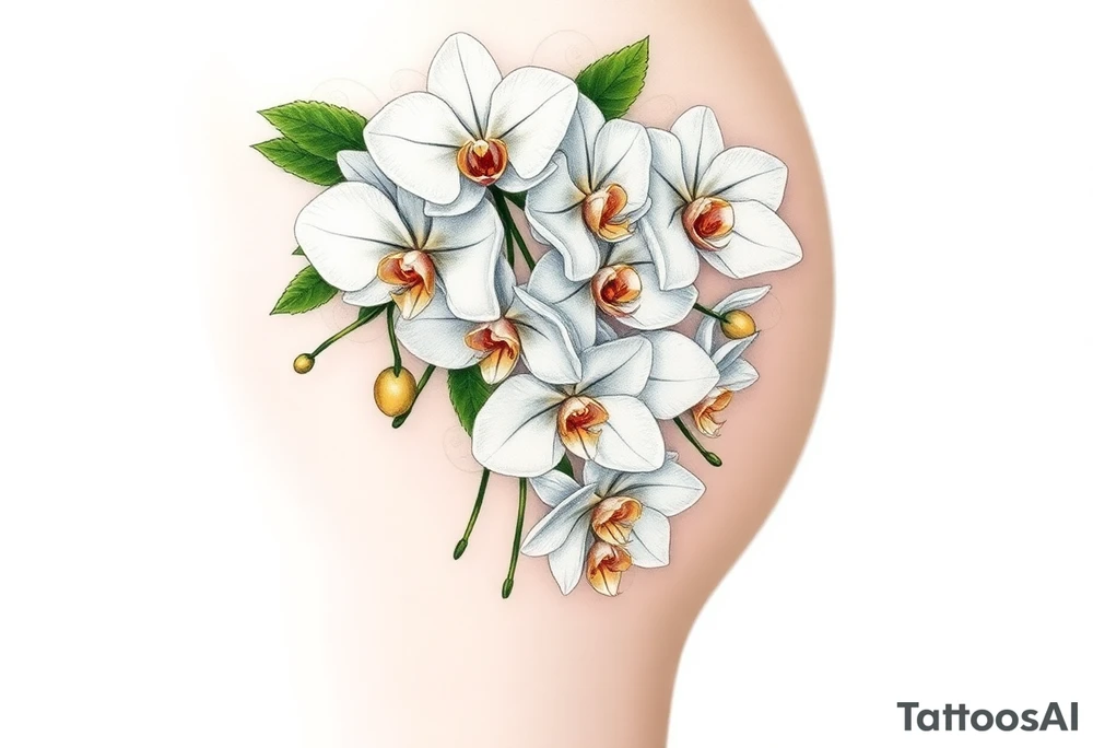 A cluster of white orchids cascading down a shoulder, surrounded by soft green leaves and golden accents. tattoo idea