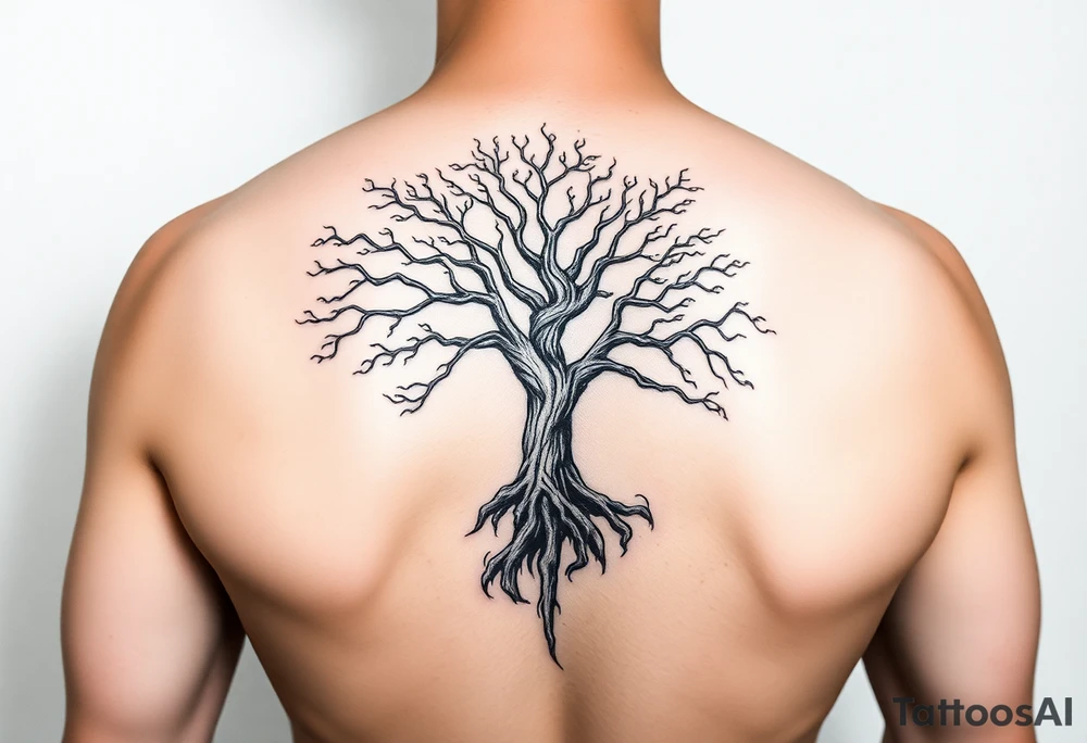 Flowing asymmetrical symbolic tree quarter sleeve. Combination of tree of Gondor and Yggdrasil. tattoo idea
