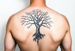 Flowing asymmetrical symbolic tree quarter sleeve. Combination of tree of Gondor and Yggdrasil. tattoo idea