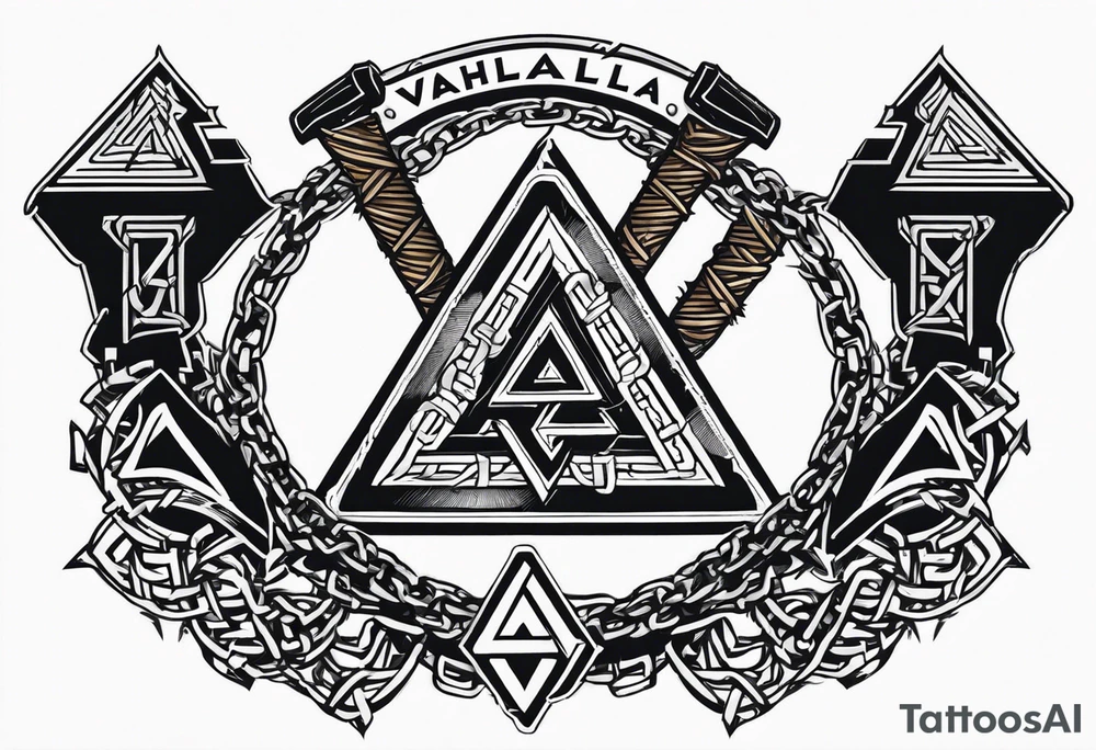 Valhalla sword shield axe barbed wire chains valknut tattoo idea