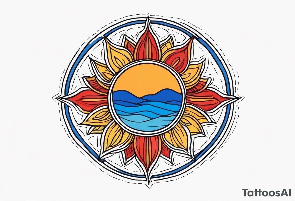 a simple red, blue, orange, and yellow sun solid colors and no faces tattoo idea