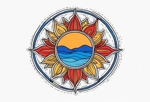 a simple red, blue, orange, and yellow sun solid colors and no faces tattoo idea