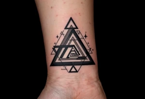A geometric triangle pattern in black and gray, stacked and repeating like an optical illusion. tattoo idea