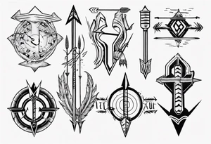 Arrow including symbols for temperance wisdom courage justice tattoo idea