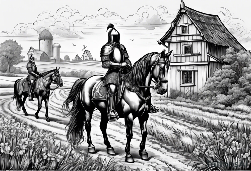 a knight with an old farm in the background with horses in the netherlands tattoo idea