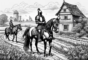 a knight with an old farm in the background with horses in the netherlands tattoo idea