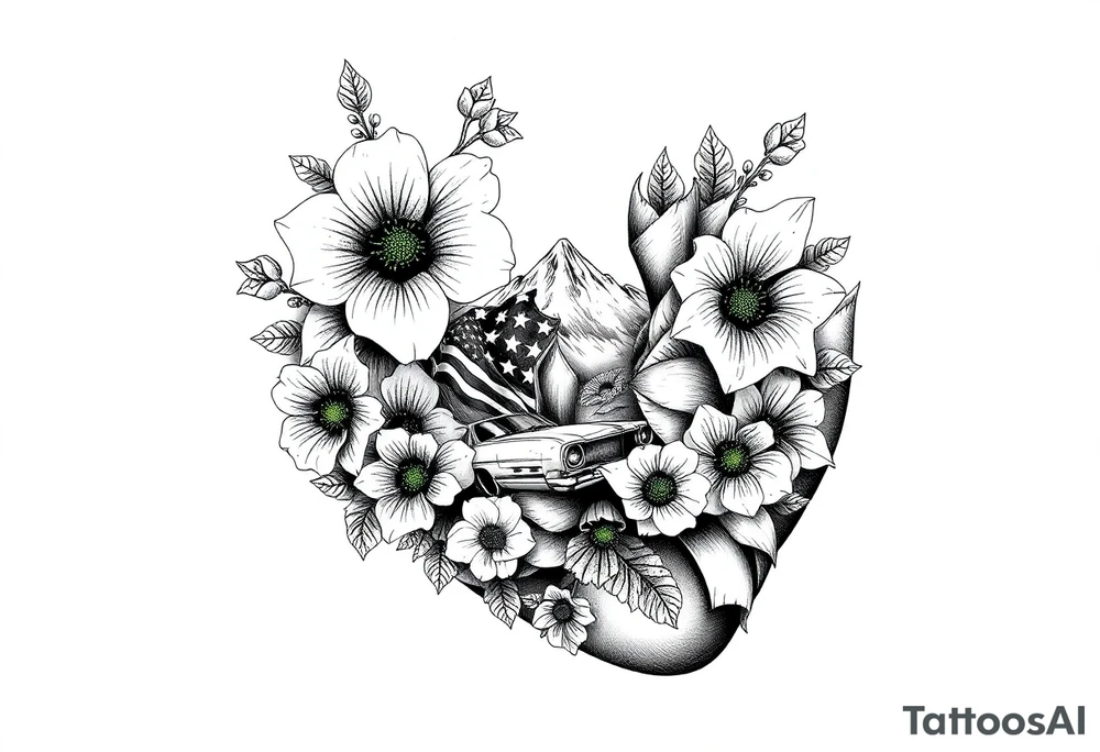 vintage bouquet of flowers , 
 river flower through a mountain with green eyes in it American flag wrapped around arm vintage car parts incorporated tattoo idea