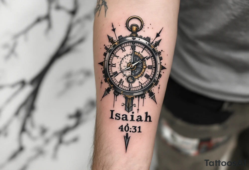 steampunk half compass half clock with a full-length arrow pointing at my wrist and saying "Isaiah 40:31" tattoo idea