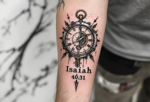 steampunk half compass half clock with a full-length arrow pointing at my wrist and saying "Isaiah 40:31" tattoo idea