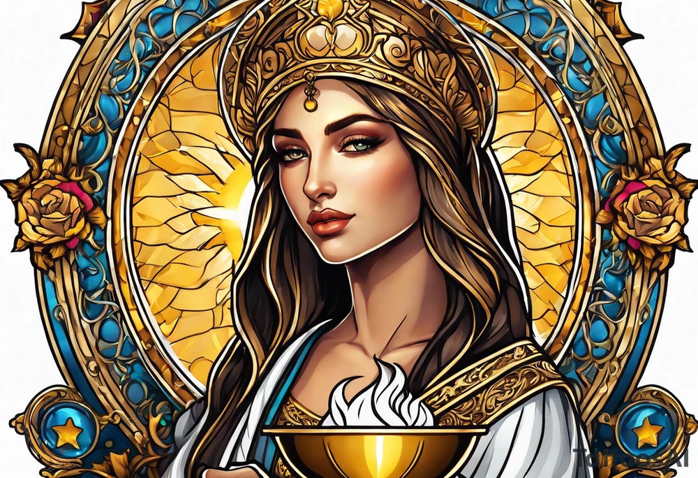 woman saint holding chalice surrounded by golden halo tattoo idea