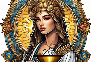 woman saint holding chalice surrounded by golden halo tattoo idea