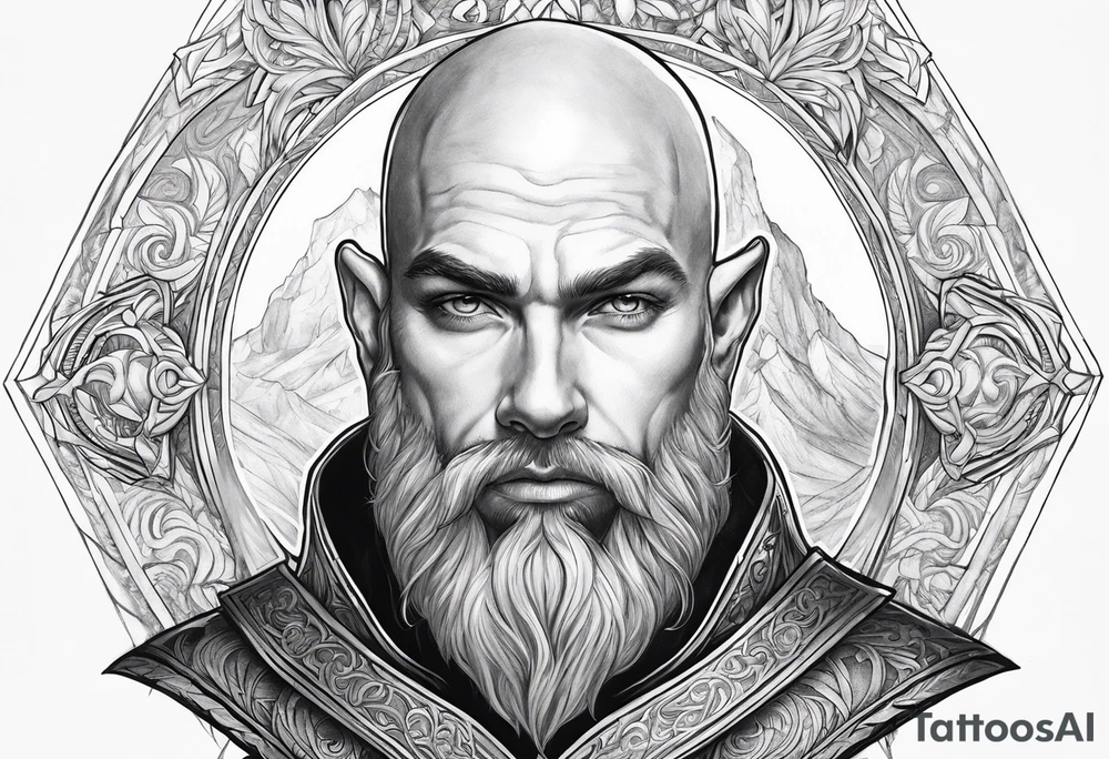 human-elf, bearded bald male, paladin, from a distance tattoo idea