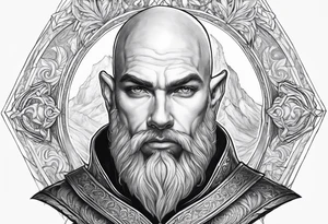 human-elf, bearded bald male, paladin, from a distance tattoo idea