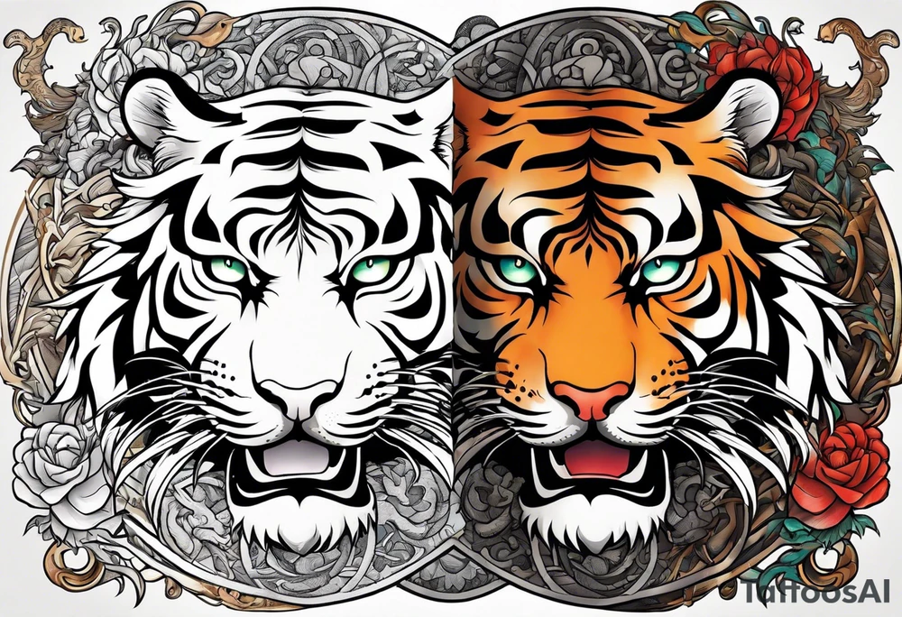 tiger on shoulder and dragon on bicep ying yang contrast tattoo idea