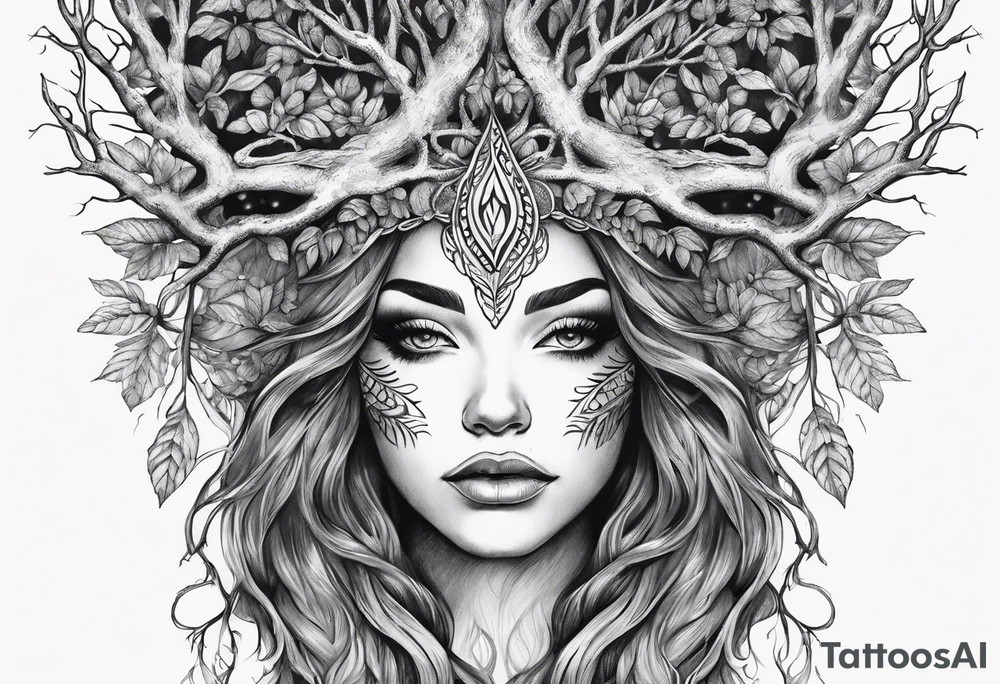 Forest goddess looking down tree branches forming into her face tattoo idea