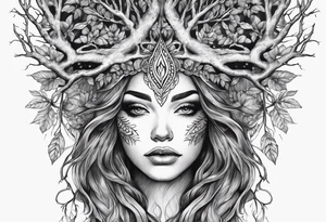 Forest goddess looking down tree branches forming into her face tattoo idea