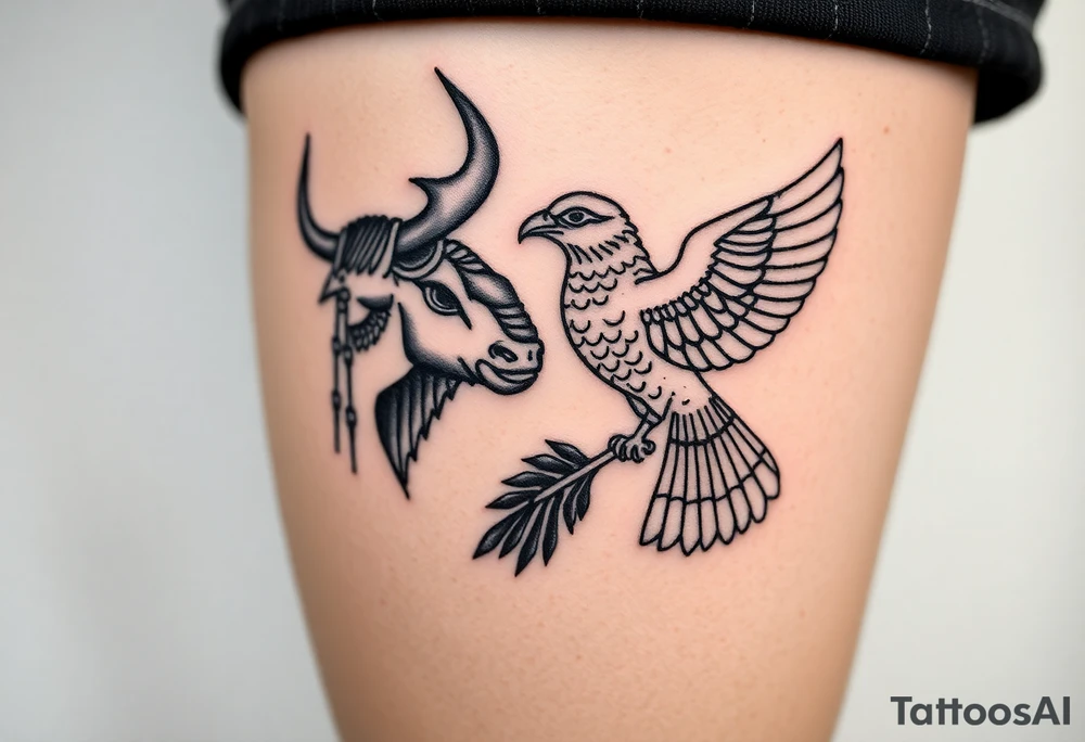 A bull and a falcon  with ancient Egyptian mythology, as ruled by Venus in western zodiac, tattoo idea