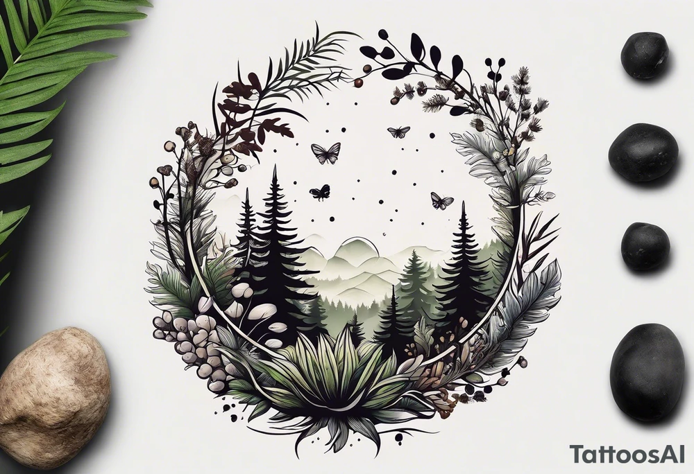 forest floor inspired minimalist tattoo, which includes grass, curly ferns, moss and dead leaves as the bulk of the tattoo. details to include: forest berries, a tiny bumblebee flying nearby, three small brown mushrooms
Generate a vertically long one tattoo idea