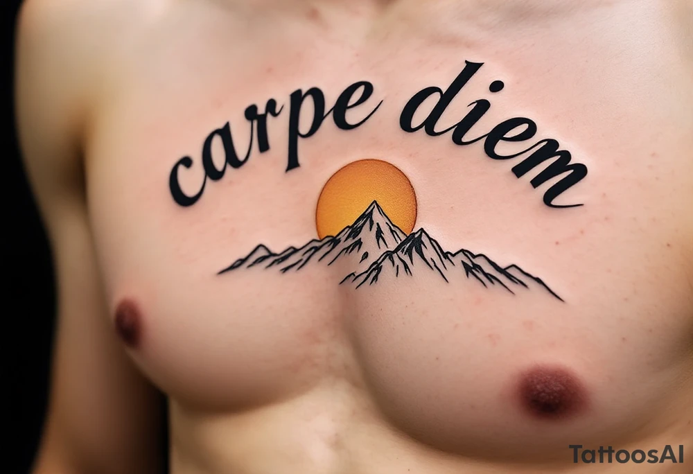 An arched black minimalist font "carpe diem" over a gray mountain range and golden sun. tattoo idea