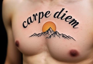 An arched black minimalist font "carpe diem" over a gray mountain range and golden sun. tattoo idea