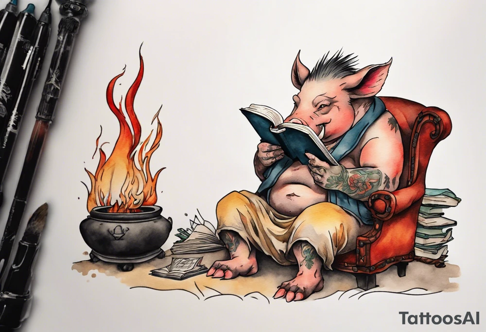 an old boar with tusks sitting by a fireplace reading a book tattoo idea