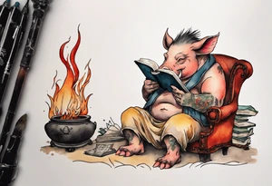 an old boar with tusks sitting by a fireplace reading a book tattoo idea