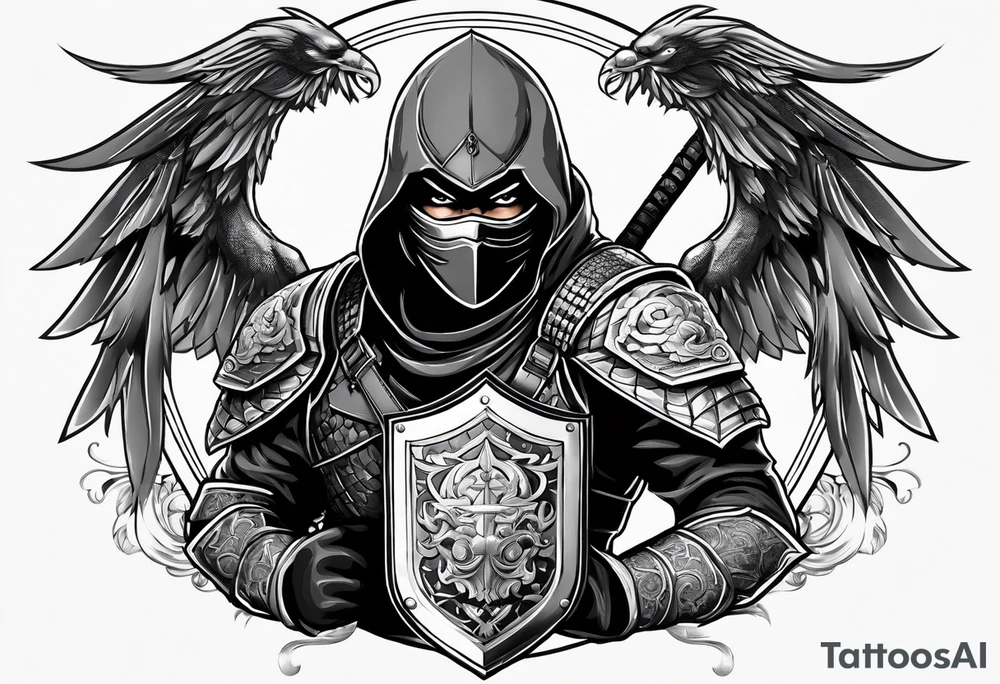 Ninja with wings holding shield tattoo idea