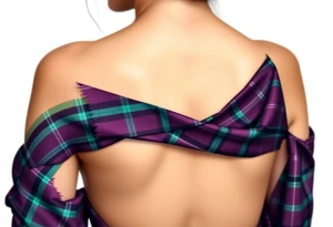 Around Breasts

Dark Purple with green pink blue and white highlights tartan fabric with skin around edges peeling and wrapping around side of shoulder tattoo idea