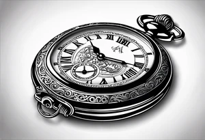 An old pocket watch with chains. The Roman numerals showing the time one thirtyseven. The lid of the watch must have the zodiac sign Aries engraved on it tattoo idea