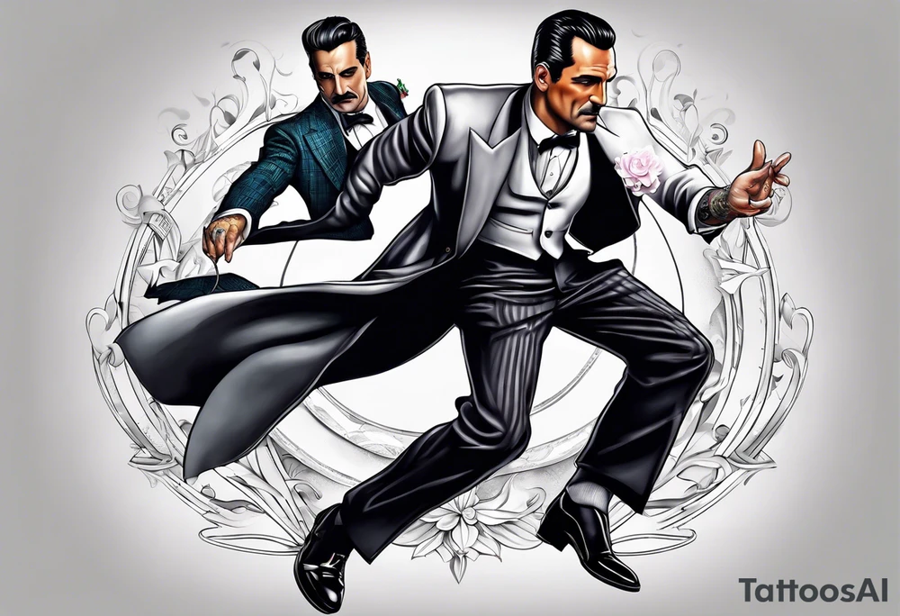 Don Draper dancing with a mouse wearing a tuxedo in the mafia tattoo idea