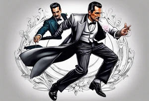 Don Draper dancing with a mouse wearing a tuxedo in the mafia tattoo idea