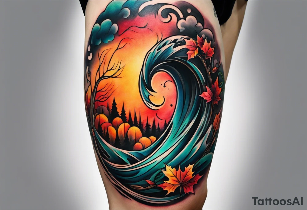 Knee tattoo in fall colors with water flow washes tattoo idea