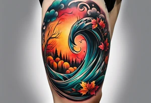 Knee tattoo in fall colors with water flow washes tattoo idea