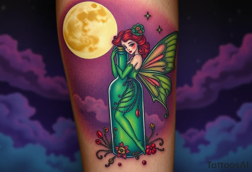 Tim Burton’s kelly doty pin up style Vintage Parisian elegant and hauntingly beautiful yet eerie full body absinthe Green Fairy dances outside her victorian crystal decatur she was once inside this elaborate ornate bottle absinthe bottle Absinthe Art Nouveau   and dripping with muted reds, dusty pinks, and eerie green glow.purple and cyan smokey clouds swirl in the crescent moonlit sky thats sprinkled with stars tattoo idea